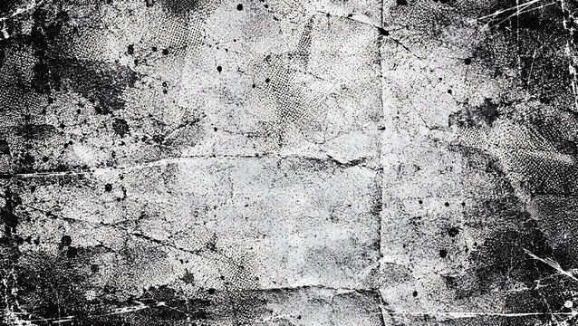 Monochrome halftone grunge texture featuring distressed black ink splatters, grainy dot patterns, and weathered surface marks for vintage graphic design backgrounds