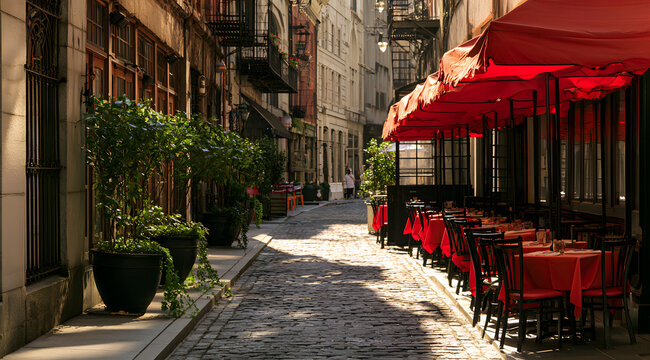 In New York City, cobblestone streets host outdoor cafes with red awnings shading bistro tables and chairs on the sidewalk. Green pots filled with plants line the urban alleyway, and the sunny day cas