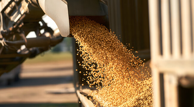 Metal chutes funnel golden soybeans into large truck trailers; an industrial grain elevator system processes the harvest at the farm. Agricultural commodities move through conveyor machinery for stora