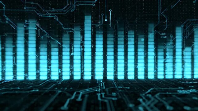 Blue digital audio equalizer bars over circuit board.