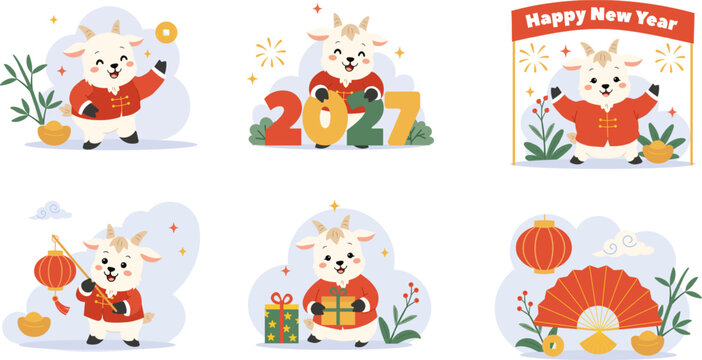 Cute goat mascot celebrating Chinese New Year 2027 with a red lantern, gold ingot, lucky gift and festive fan. Six cheerful flat cartoon compositions for Lunar New Year greeting design.