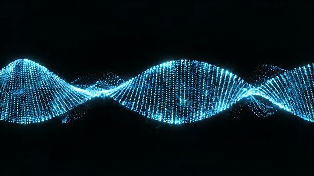 Blue digital particle DNA double helix on black background.