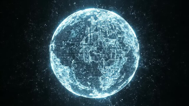 Blue digital glowing Earth globe on black background.