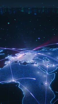 Vertical video: Zooming camera revealing holographic map, scan sweeping Middle East, nodes linking