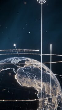 Vertical video: Falling light sparking holo globe forming rings, pins rising, HUD showing presence