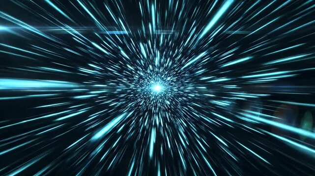 Blue light trails radiating from center in dark space.