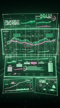 Vertical video: Moving camera revealing 3 stacked panels animating charts in dark 3D