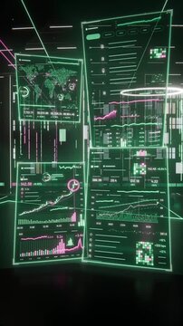 Vertical video: Panning camera showing three holo panels in dark grid, with world map and charts
