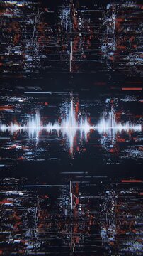 Vertical video: Starting audio white waveform pulsing on dark screen mirroring with glitching