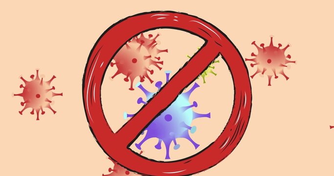 Displaying red no sign covering blue-purple virus on pale peach art with red viruses, green accents
