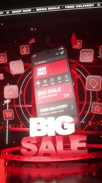 Vertical video: Rotating phone showing UI on red set as ribbon sweeping, 3D BIG SALE promoting sale