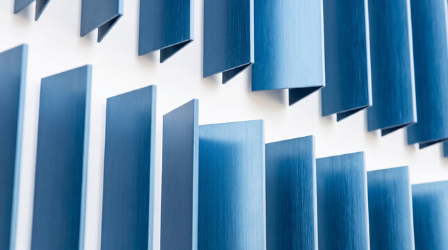 Blue Metallic Fins Abstract Architectural Pattern with Repeating Vertical Elements. Concept of architectural detail, modern architecture, blue panels, vertical lines, geometric pattern.
