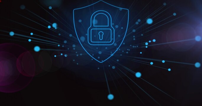 Glowing neon blue shield containing padlock radiating network lines in virtual space, purple bokeh