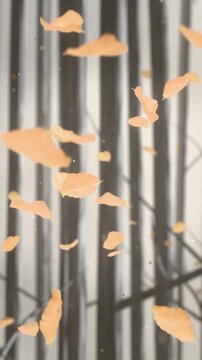 Vertical video: Gusting wind pushing leaf bits drifting across slats with branches and white specks