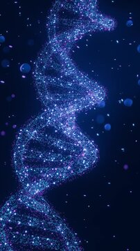 Vertical video: Forming as particles gather, glowing DNA helix rotating in navy field, with bokeh