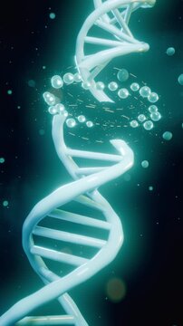 Vertical video: Rotating double helix in teal backdrop while particle ring forming opening midpart
