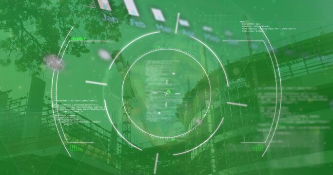 Overlaying central HUD reticle over industrial scaffolding and crane, showing grid code