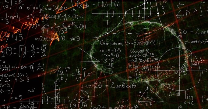 Displaying dense chalk equations, plotted graphs, green nebula on dark grid with red streaks