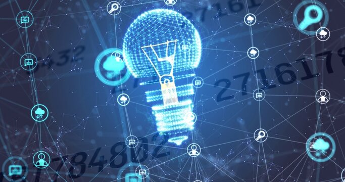 Glowing holographic lightbulb wireframe hovering in virtual network space, showing node icon badges