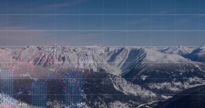 Displaying snow-covered peaks at alpine viewpoint, overlaying translucent pink and blue graphs