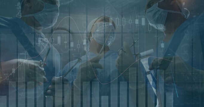 Operating surgeons handling forceps and clamps in OR, wearing gowns, gloves, candlestick overlay