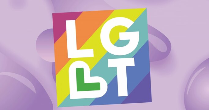 Showing tilted rainbow panel bearing white LGBT letters with heart, shadow on lavender with bubbles