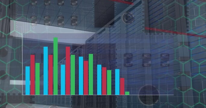Displaying multi-series vertical bar chart overlaying data center room, with racks, hex grid, LEDs