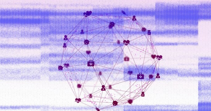 Floating spherical data globe in banded backdrop, connecting nodes and heart user medical icons