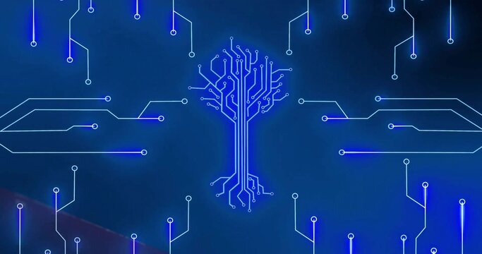 Glowing central circuit-tree motif radiating across digital wallpaper, with neon traces and nodes