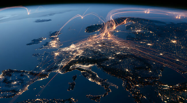 Digital data lines, glowing in cities across Europe, extend into the dark sky, serving as representations of global communication and technological connectivity from a cosmic viewpoint in deep space