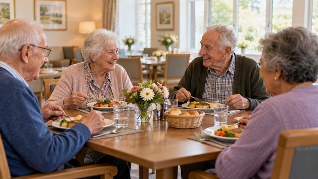 Cheerful elderly people dining together at retirement home enjoying healthy meal and conversation. Concept of care home, nursing home, senior dining, retirement community.