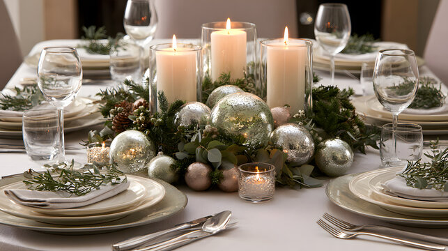 A festive centerpiece for Christmas featuring lit candles, shimmering decorations, and greenery. Tables are set with elegant placements awaiting a holiday dinner
