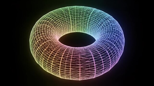 Colorful 3D wireframe torus shape on black background.