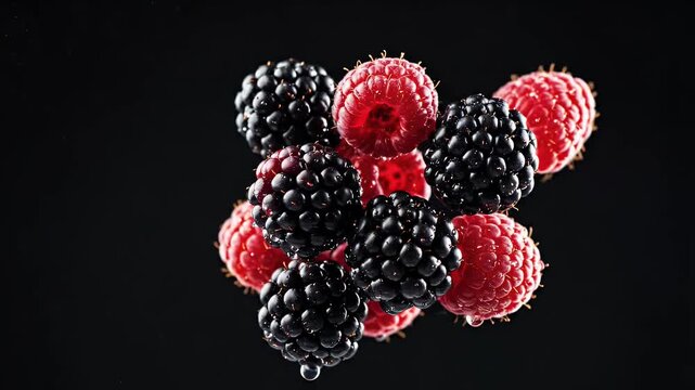 Fresh raspberries and blackberries on black background.