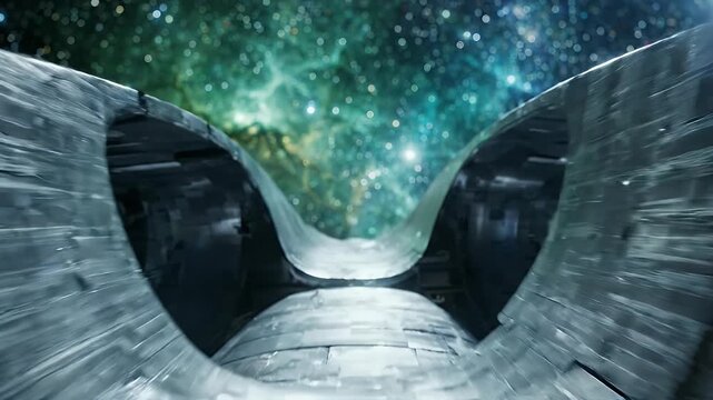 Futuristic space platform overlooking a vibrant galaxy and nebula.