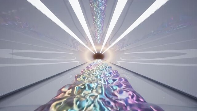 Futuristic white corridor with colorful light bokeh
