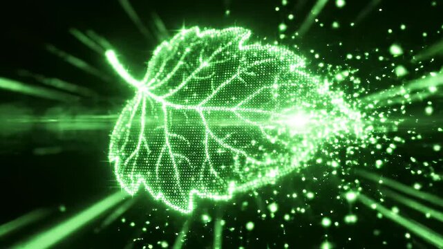 Glowing green leaf particle effect on dark background.