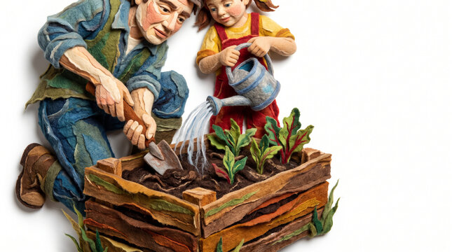 Father and daughter gardening together with watering can in backyard  