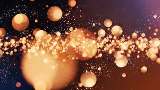 Golden bokeh spheres and glowing particles on dark background.