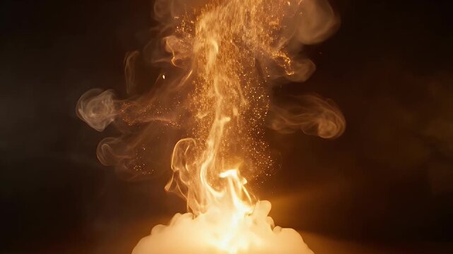 Golden fire explosion against dark atmospheric background.