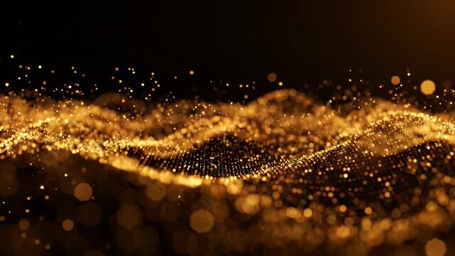 Golden glowing particle wave on black background.