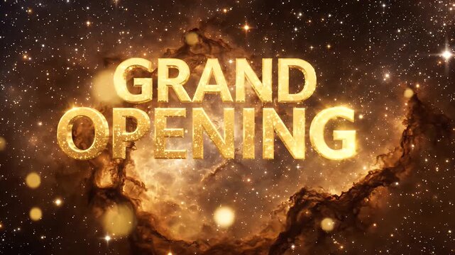 Grand Opening text on golden bokeh and star background.