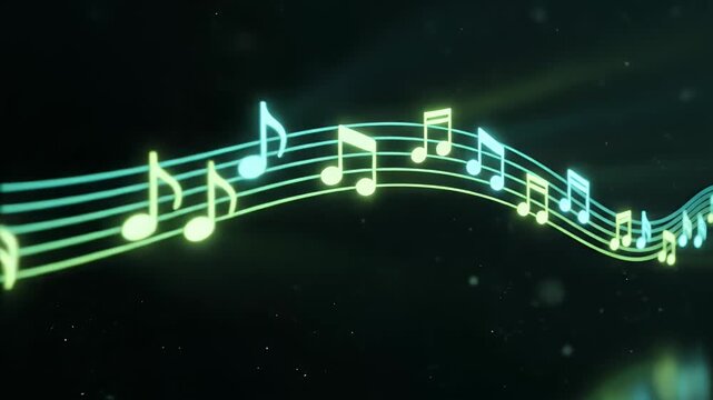 Green glowing music notes flowing on wavy staff lines.