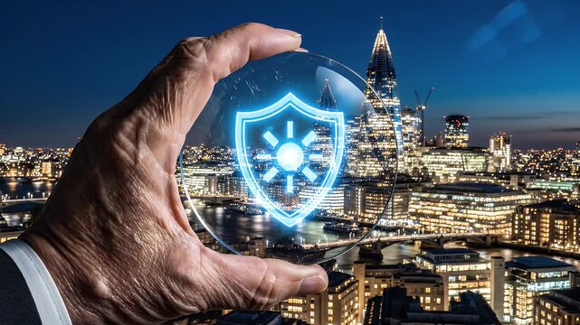 Hand holding glowing shield icon over night city skyline.