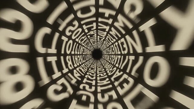 Infinite tunnel of glowing white typographic letters.