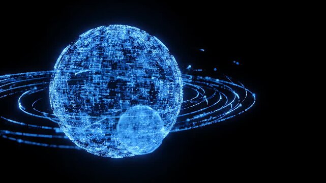 Interconnected digital blue globes showing data flow in space.
