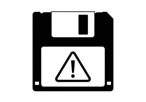 A simple but stylish floppy disk icon silhouette with a perfect warning sign data corruption or save error concept vector illustration