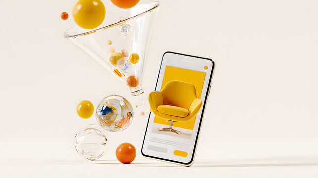 A clear funnel that guides colored spheres toward a smartphone can be seen on the product page. Concepts of website conversion and ecommerce sales are depicted. Mobile shopping and digital marketing a