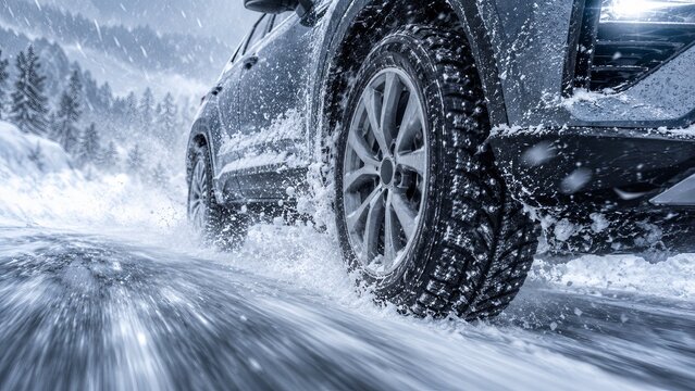 Modern crossover car wheel with winter tires on a snowy icy road, closeup safety concept