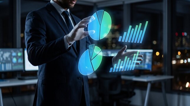 Trader wearing suit manipulating holographic market charts and bar graphs in dark modern office room.
